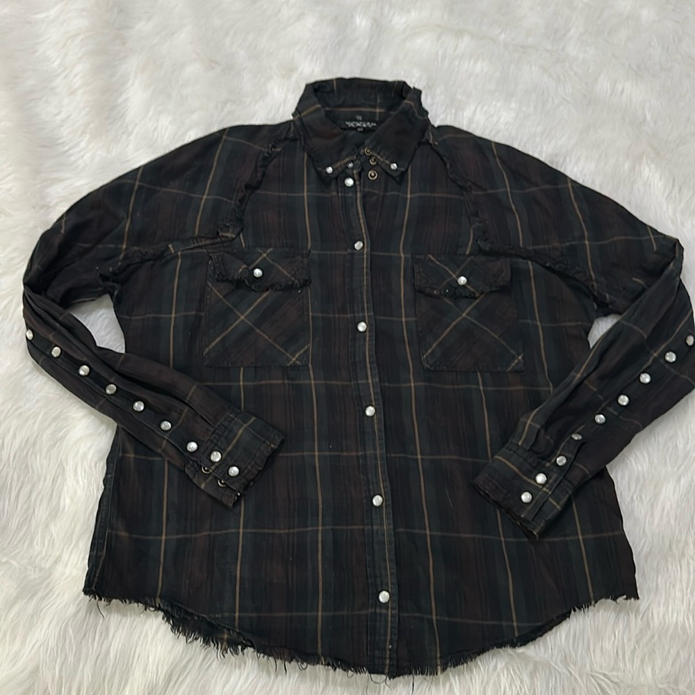 William Rast black plaid long sleeve cowboy shirt size small